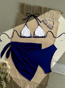 Swim Vcay 3Pcs/Set Solid Color Bikini Set For Beach/Holiday For Summer Beach Vacation - Navy Blue - View 2