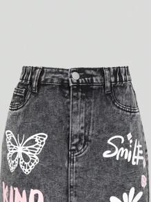 Tween Girls Classic Simple Blue Elastic Waist Zipper Front Washed Denim Skirt - Light Grey - View 3