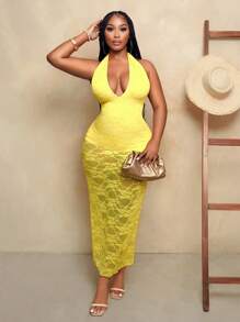 BamGleam Women's Solid Color Minimalist Halter Jumpsuit - Yellow - View 3