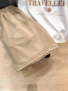 SHEIN 2pcs Tween Boys Casual Colorblock Blue, Army Green, Khaki, Black Striped & Letter Print Short Sleeve T-Shirt And Drawstring Shorts Set, Suitable For Home, Outing, School, Holiday, Travel, Spring/Summer