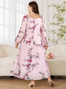 Modelyn 大码女式方领灯笼袖系带喇叭雪纺花卉印花优雅度假连衣裙 - 彩色 - 查看 2