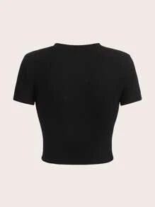 Tseoso Casual Letter & Geometric Pattern Crew Neck Cropped Fitted Women T-Shirt, Suitable For Summer - Black - View 6