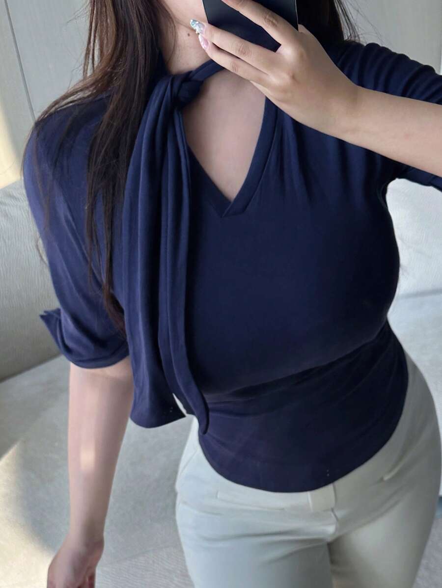 Dazy Plus 纯色弹力修身抽绳领短袖夏季T恤 - 藏蓝色 - 查看 1