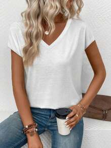 Louniche Kaos Kasual Lengan Pendek Leher V Warna Polos untuk Wanita di Musim Panas - Putih - View 3