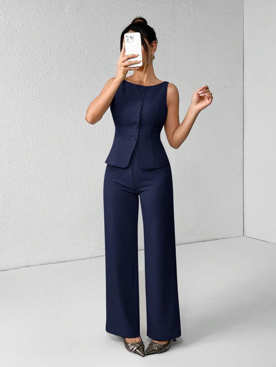 SHEIN PETITE Women's Solid Color Round Neck Single-Breasted Vest And Pants Elegant Commuter Suit, Summer Fall Women Clothes Women Set Office Wear Business Casual Women Two Pieces Outfits Fall Women Office Wear Women Set Women Blazers Set Office Outfits For Women Business Women Attire Professional Women Clothes