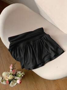 Comfortcana Plus Size Solid Color Pleated Casual A-Line Skirt, Spring/Summer Black Ruffle Skirt - Black - View 1