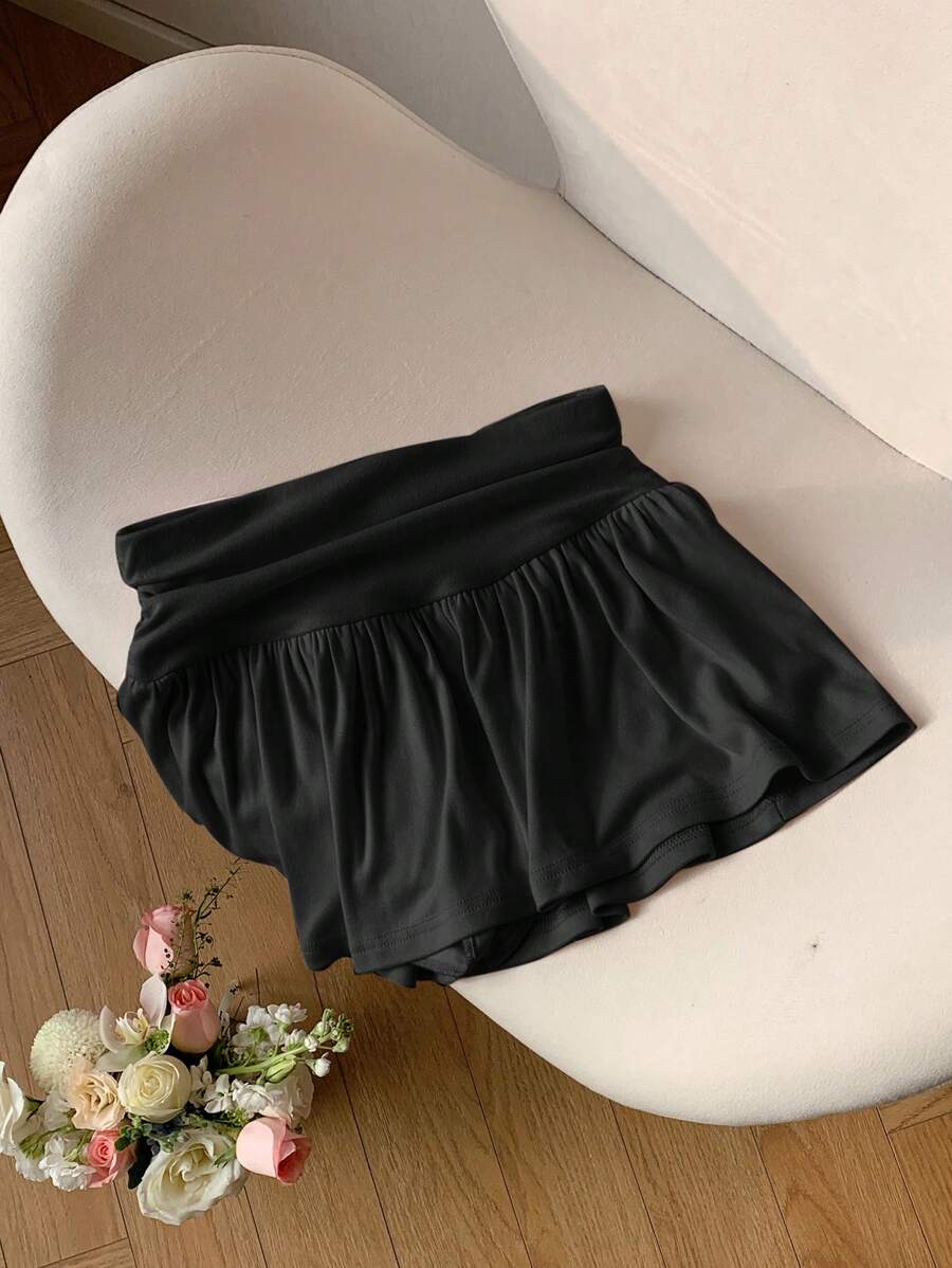 Comfortcana Plus Size Solid Color Pleated Casual A-Line Skirt, Spring/Summer Black Ruffle Skirt - Black - View 1