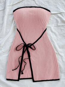 Soleia Casual Comfortable Contrast Color Lace-Up Fitted Sweater Dress - Pink - View 4