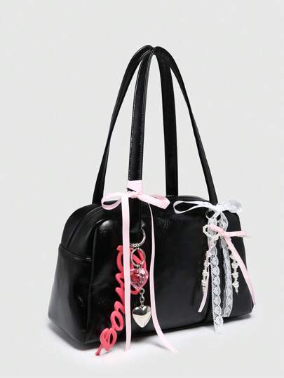 Kawaii Sac à bandoulière style vintage pour femmes avec décoration de cœur de cerise, à motif carreaux, avec nœud papillon, poches multiples et anse pour le dessous du bras