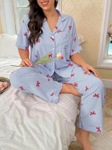 CottageSlumber Conjunto de pijama de pantalón y blusa de manga corta con estampado de rayas y moño, talla grande - Multicolor - Ver 5