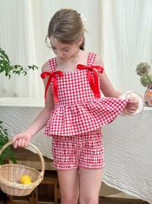 LMoss Kids 2件套青少年女孩梭织格子吊带背心和短裤套装 - 紅白色 - 查看 7