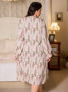 CottageSlumber CottageSlumber Plus Size Floral Print Long Sleeve Robe With Frill Trim And Waist Tie Detail, Fall
