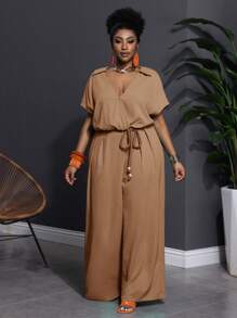 Slaydiva 大码女式纯绿色短袖交叉 V 领编织腰带阔腿连体裤，休闲度假装，春夏