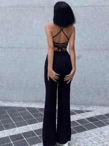 INAWLY Women's Backless Strap Black Jumpsuit, Sexy & Slim Fit - Black - View 1