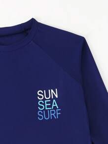 青少年男童字母印花长袖上衣和短裤泳装套装，适合夏季、海滩、度假 - 藍色 - 查看 3