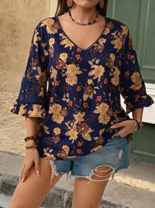 EMERY ROSE Cămașă de damă cu decolteu în V, lejeră, casual, imprimată, cu garnitură din dantelă, top versatil pentru naveta și timpul liber - Albastru - Vizualizare 5