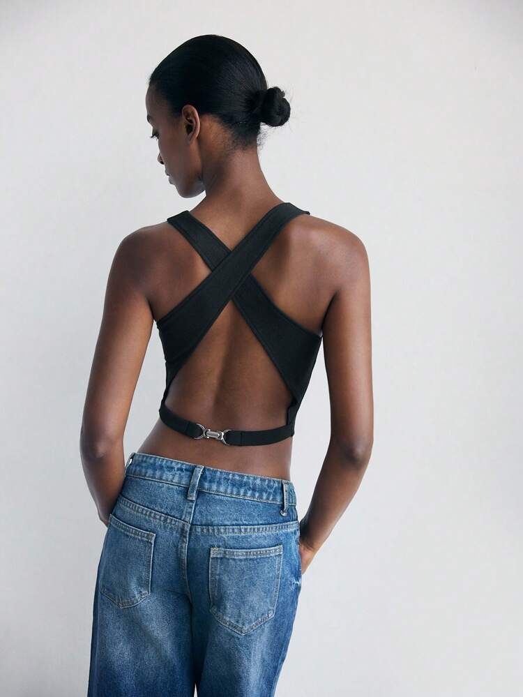 SHEIN Maija Women's Solid Color Button V-Neck Sleeveless Open Back Cropped Backless Tank Top For Summer