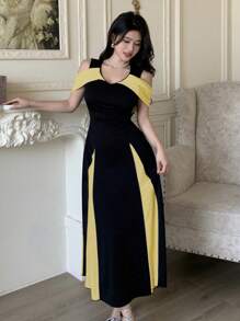 Modelyn Robe de fête/soirée élégante pour femme en tricot à épaules dénudées, taille marquée