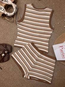 INAWLY European & American Style Summer Women Striped Patchwork Knitted Short Fitted Suit