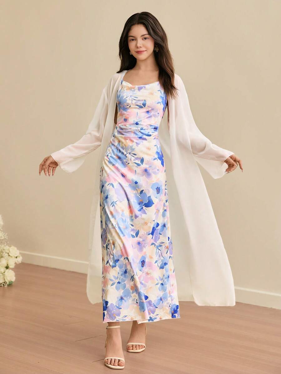 SHEIN 2pcs Teenage Girls Casual Elegant Vacation Ditsy Floral Camisole Dress & Chiffon Long Cardigan Set