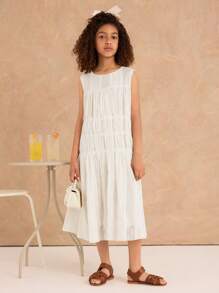 Ontre Tween Girl Loose Casual Lace Fabric Dress - Apricot - View 3