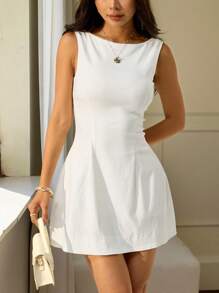 SHEIN PETITE 女士夏季纯色前拉链休闲百搭毛衣裙白色连衣裙，女士夏季连衣裙 - 白色 - 查看 5