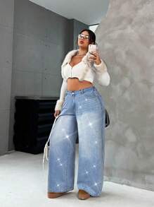 SHEIN ICON Oversized Blue Jeans BlingBling Diamond Wide-Leg Pants Summer Street Wear Music Festival Wear Y2K - Light Wash - View 3