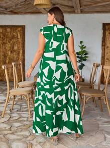 SHEIN LUNE 大码女式 V 领撞色印花长裙，常规版型，适合春夏假期穿着