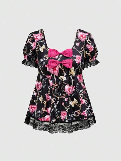 J-Fashion Blouse femme rétro Subculture Y2K Harajuku Streetwear à motif d'imprimé graphique en patchwork de dentelle