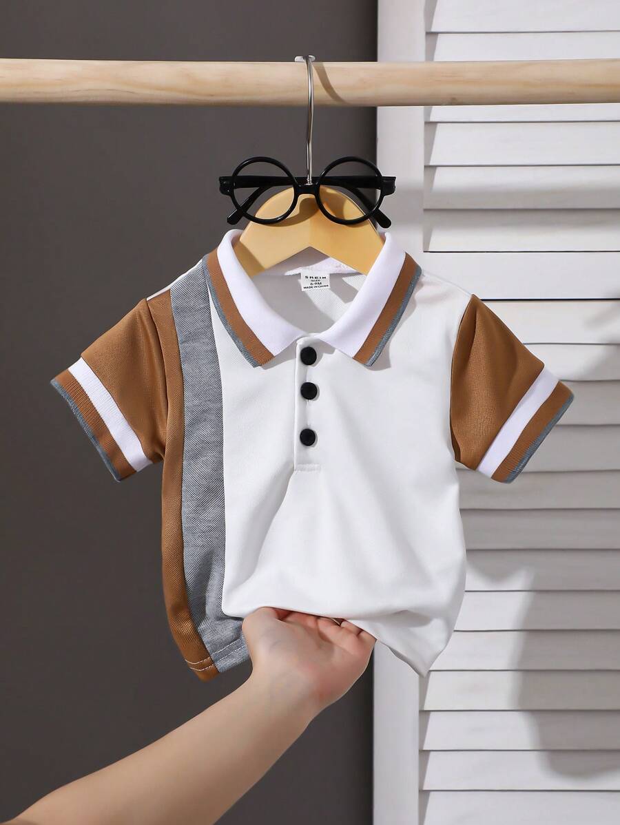 SHEIN Playful Pals Baby Boy Knitted Polo Tops. It's Suitable For Wearing When Going On Outings, Attending School, Or At Parties.Tops Summer - Brown - View 1
