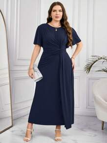 SHEIN Clasi Plus Size Solid Color Round Neck Short Sleeve Twist Casual Summer Dress,Sundress - Navy Blue - View 2