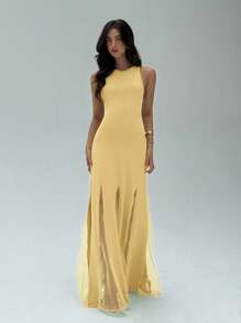 Aloruh Elegant Solid Color Mesh Patchwork Yellow Sleeveless Dress Butter Yellow Dress - Yellow - View 6