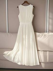 Elenzga Vestido midi plisado de cuello redondo sin mangas con cintura anudada y estilo minimalista, adecuado para citas en primavera/verano