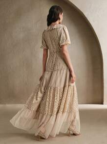 Anewsta Women Lace Mesh Splice Long Dress, Spring And Summer, Suitable For Party - Apricot - View 2