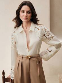 Anewsta Áo cánh nữ thêu rỗng kích thước tiêu chuẩn thời trang chất lượng cao cho mùa xuân và mùa hè - Màu be - Xem 6