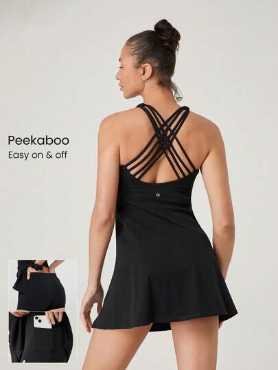 GLOWMODE FeatherFit™-Air Game Day Sweat-Wicking Quick-Dry Peekaboo Strappy Back Heart-Shaped Neck Active Dress With Built-In Shorts Side Pockets Non-Slip Grips Low Impact Tennis Golf Pickleball Daily Wear Removable Cups