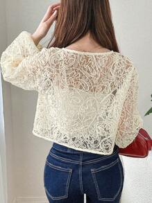 FRIFUL 女士蕾丝灯笼袖上衣，透视薄纱面料，适合毕业典礼、各种场合、度假 - 杏色 - 查看 5
