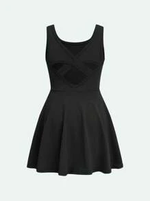 Vestido mono sin mangas con diseño de cruce hueco y leggings para niñas jóvenes - Negro - Ver 2