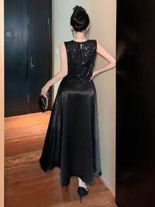 DAZY 两件套女士夏季亮片无袖背心和缎面宽松半裙，优雅都市休闲装，奢华新年女士嘉年华服装 - 黑色 - 查看 5