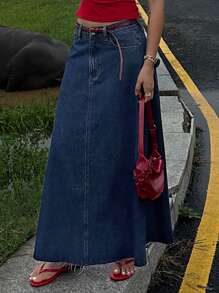 DAZY Women's Long Straight Denim Skirt With Pockets And Raw Hem, Casual Jeans Skirt - Medium Wash - View 3