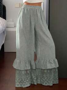 DAZY Pantalón de pijama con volantes y encaje de patchwork de lino para mujer