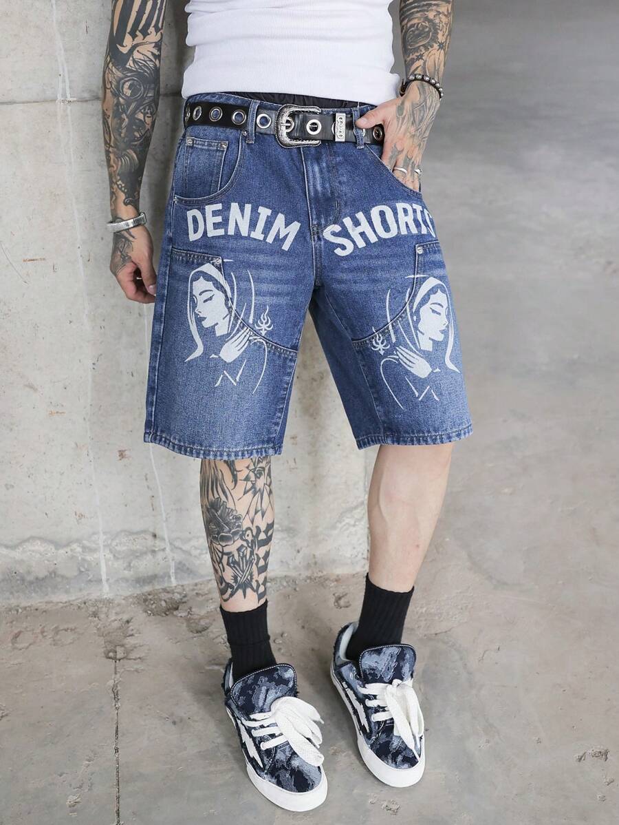 Manfinity EMRG Men's Casual Washed Character & Letter Print Denim Shorts - Blue - View 1