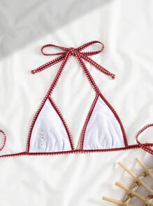 Swim Mod 1 件女式花卉装饰撞色挂脖比基尼上衣，夏季假日 - 彩色 - 查看 2