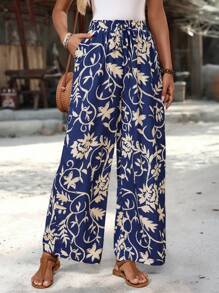 EMERY ROSE 女式全印花抽绳腰休闲宽松度假裤 - 彩色 - 查看 1