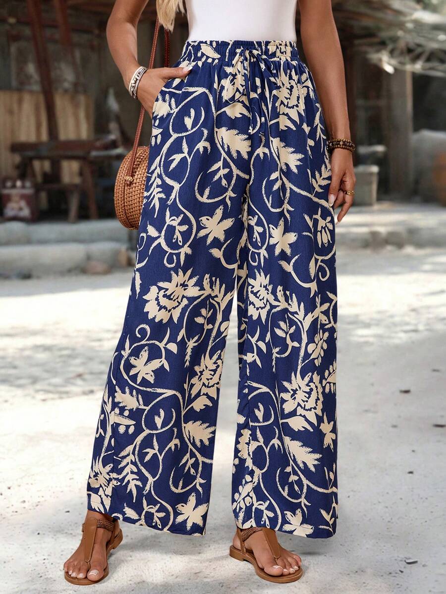 EMERY ROSE 女式全印花抽绳腰休闲宽松度假裤 - 彩色 - 查看 1