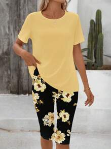 EMERY ROSE 2pcs/Set Women Casual Floral Print Outfit, Suitable For Summer Outdoor/Vacation Suitable For Going Out