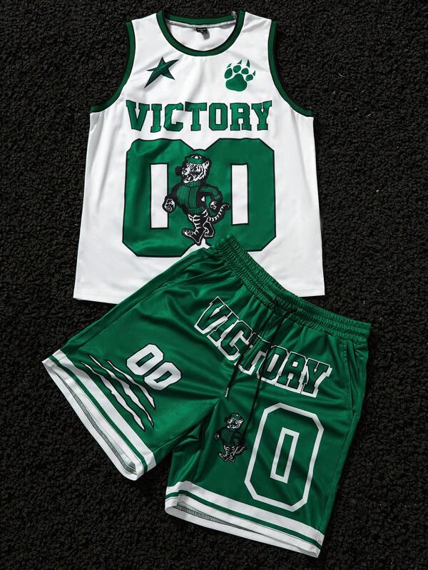 Manfinity Streetrush Set de 2 piezas inspirado en deportes y ropa urbana para hombre, conjunto de top sin mangas y pantalones cortos con tela de malla cómoda, estampado numérico grande, eslogan "Victoria", esquema de color vibrante, estilo deportivo juvenil, ideal para uso casual, diario, vacaciones, regalo para novio/esposo, set a juego de pareja
