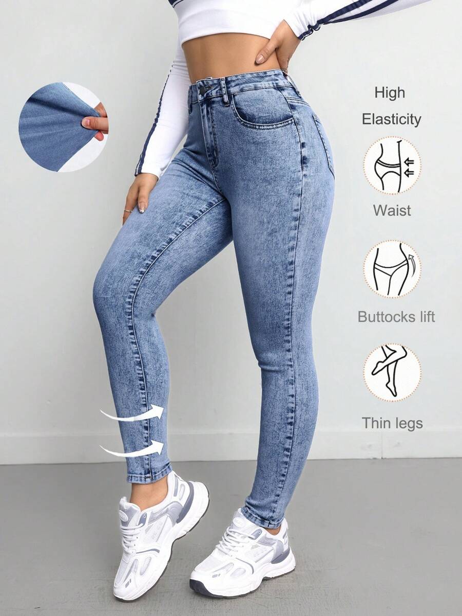 SHEIN Tall 女士牛仔裤 紧身弹力长裤 蓝色高腰 女士牛仔裤 慢跑裤 女士牛仔裤 女士牛仔裤 女士牛仔裤 女士裤子 蓝色牛仔裤 高腰牛仔裤 - 中等水洗藍 - 查看 1