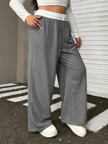 Muchica Plus Size Women Letter Print Drawstring Waist Pocketed Loose Fit Sweatpants, Dark Grey Graduation,Back To School Outfits,Graduation,Teacher Outfits For Women,Back To School Baggy Sweatpants Comfy Pants - Dark Grey - View 4