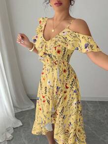 Elenzga Women's Asymmetric Off-Shoulder Ruffle Hem Floral Print Dress - Yellow - View 6